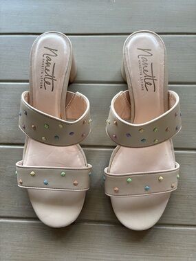 Nanette Lepore Nude Studded Double-Strap Block Heel Mules - SIZE 9.5